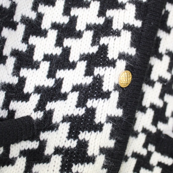 vintage black and white hounds tooth knit button up cardigan womens size pm - Picture 4 of 5